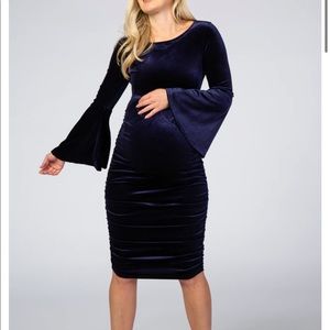 Navy Blue Velvet Ruched Bell Sleeve Maternity Dress